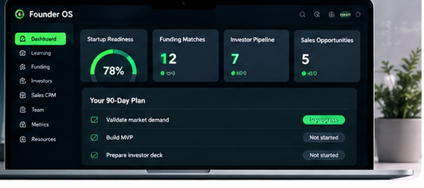 Founder OS startup dashboard showing readiness, funding matches, investor pipeline, sales opportunities and a 90-day plan.