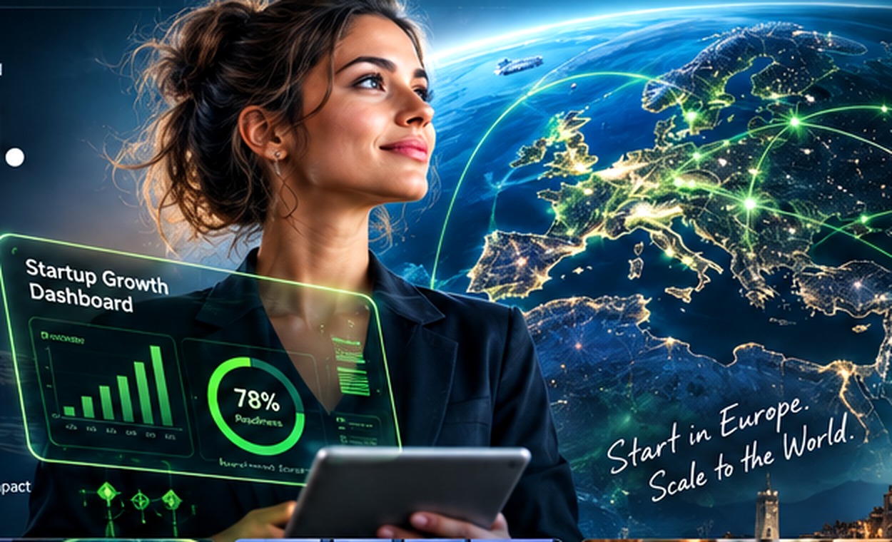 Founder with startup growth dashboard in front of a connected map of Europe.