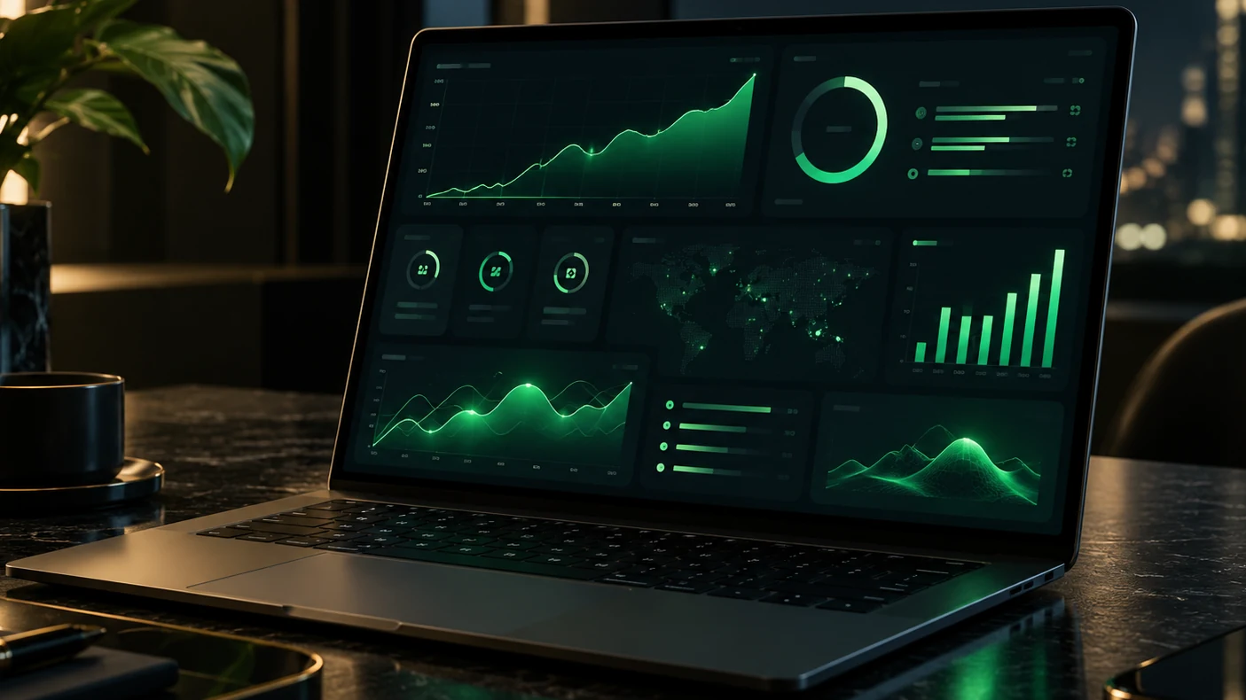 Premium founder operating dashboard on a laptop.
