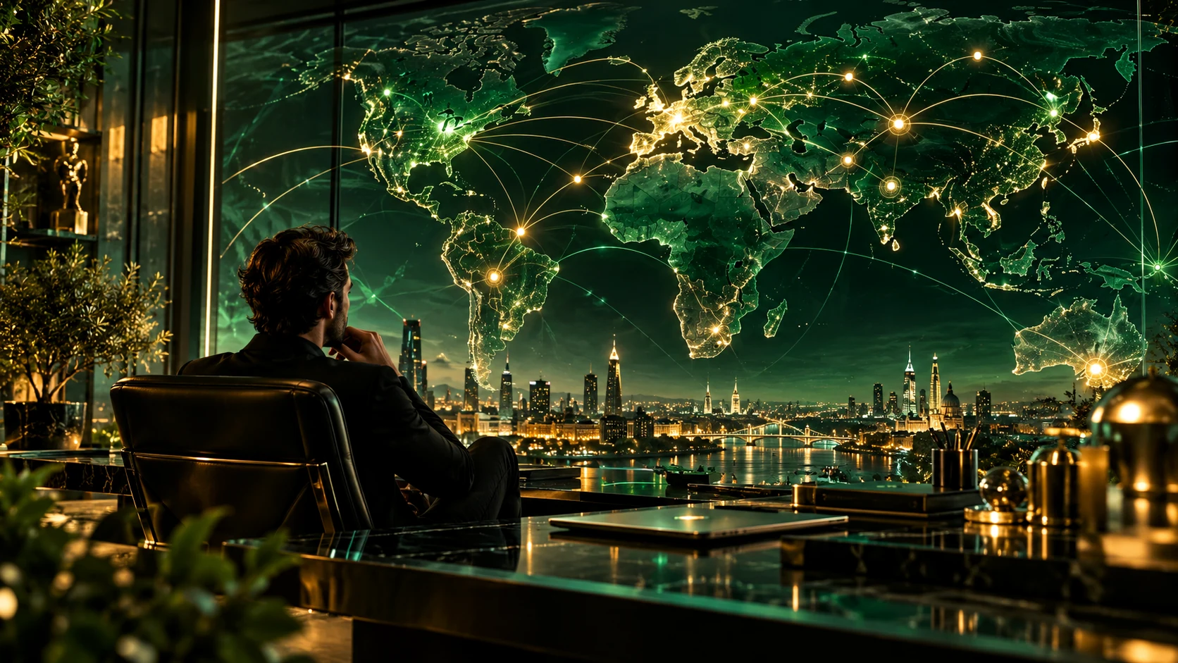 Founder overlooking a connected global startup and innovation map.