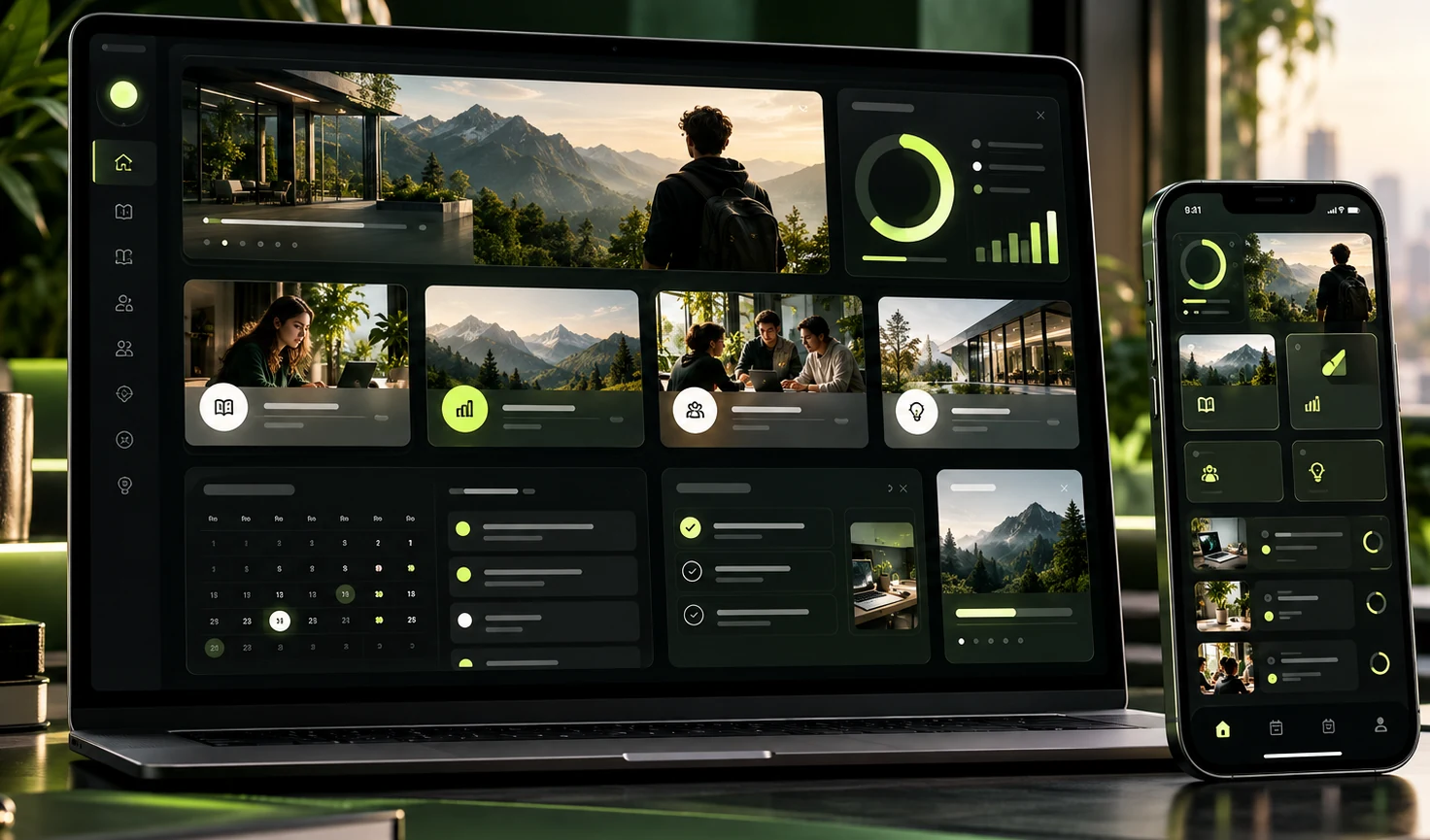 Text-free portal platform shown across desktop and mobile devices.